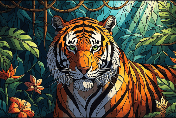 Download Tiger Lush Jungle Setting Stained Glass - Premium Resources